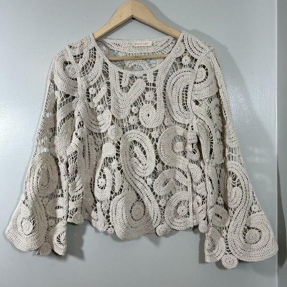 Solitaire Sweaters - SOLITAIRE Crochet Lace Bell Sleeve Top Cream Knit Festival Boho Beach Hippie L